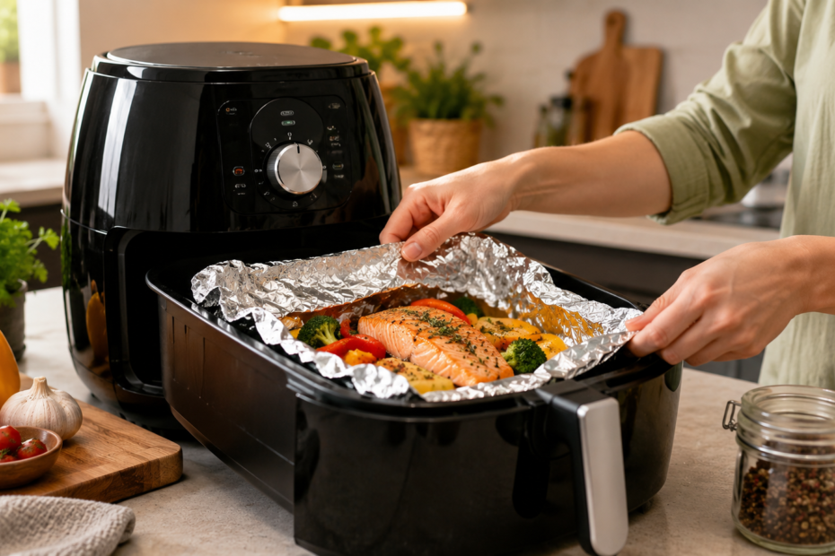 Air fryer moderna sobre bancada de cozinha