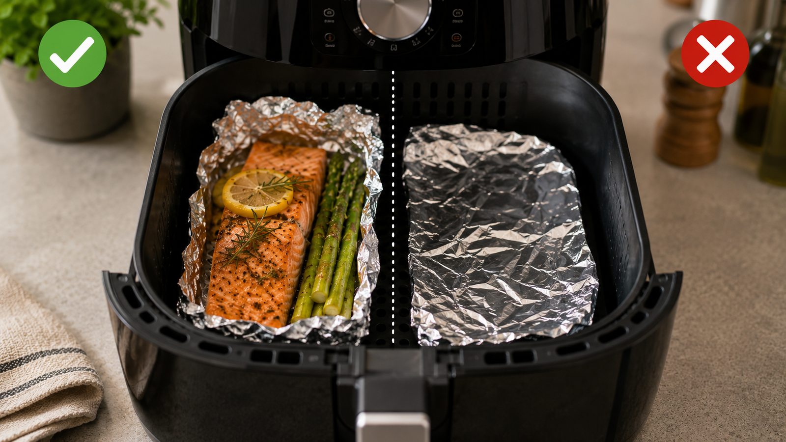 Cena educativa mostrando uma air fryer com o alimento preparado e o papel-alumínio