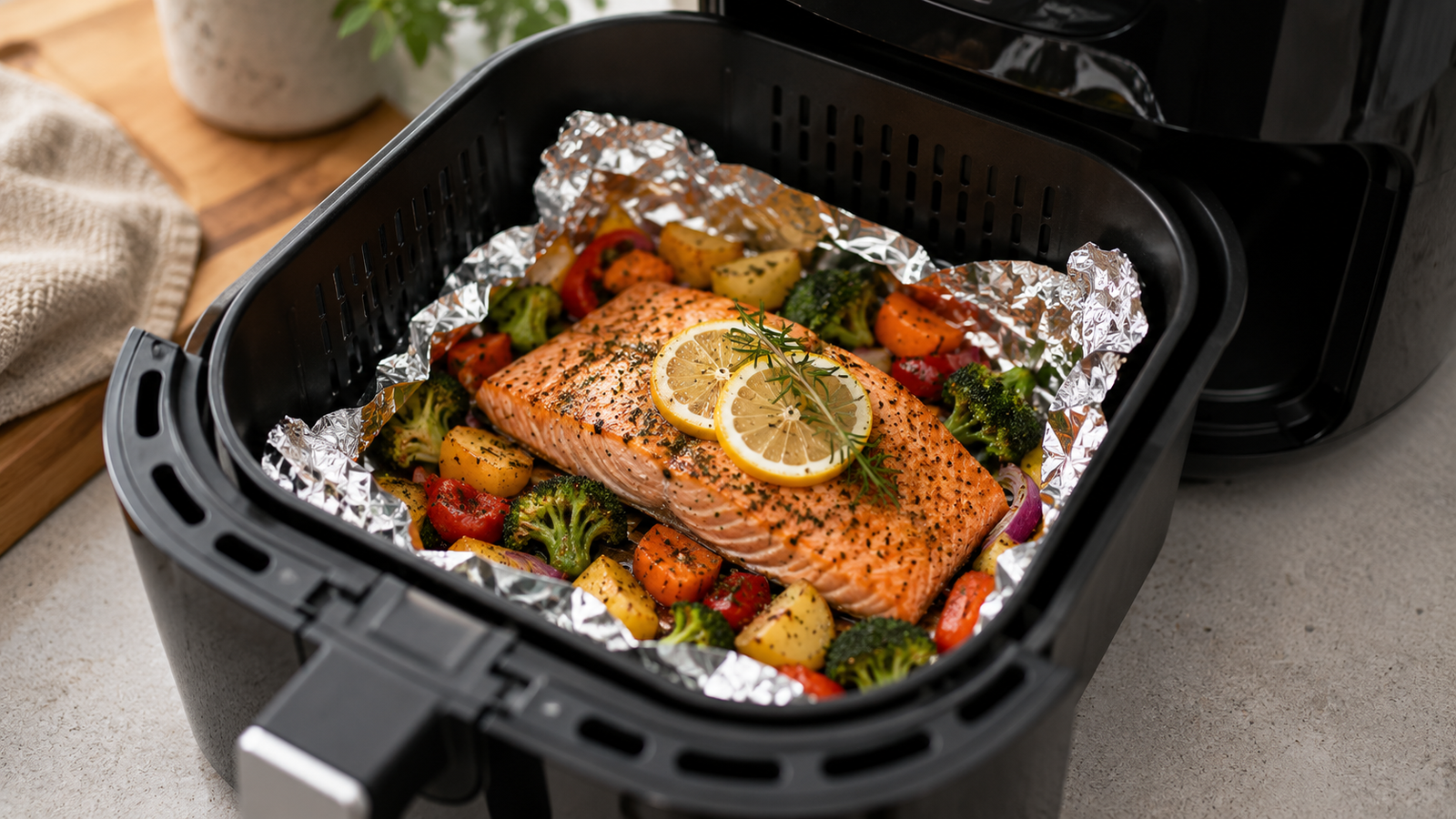 Close de uma air fryer aberta