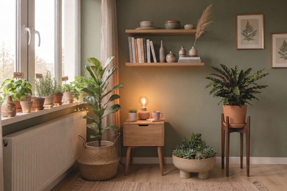 Composição de plantas em vasos de diferentes tamanhos na sala