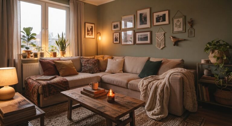 Decoração de sala com plantas, madeira e tecidos em ambiente aconchegante