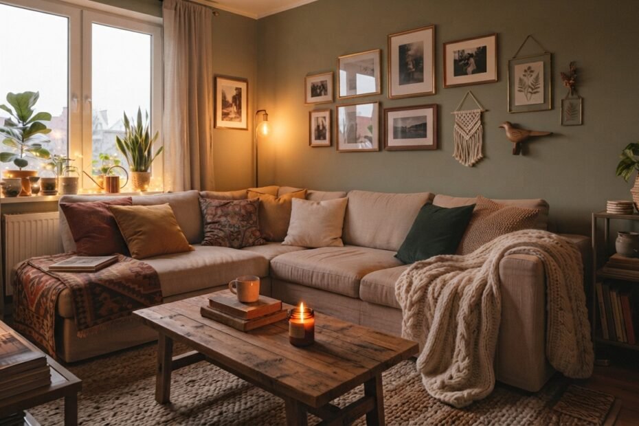 Decoração de sala com plantas, madeira e tecidos em ambiente aconchegante
