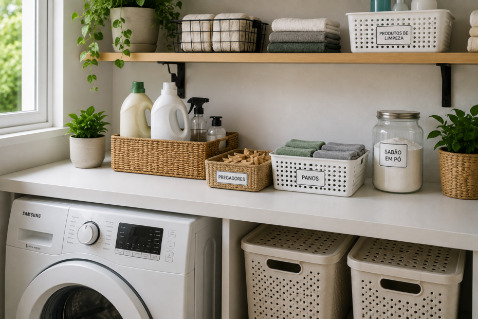 Detalhe de uma lavanderia organizada com cestos para panos e pregadores