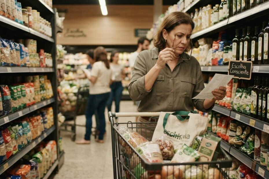 Pessoa fazendo compras no supermercado enquanto compara produtos e preços