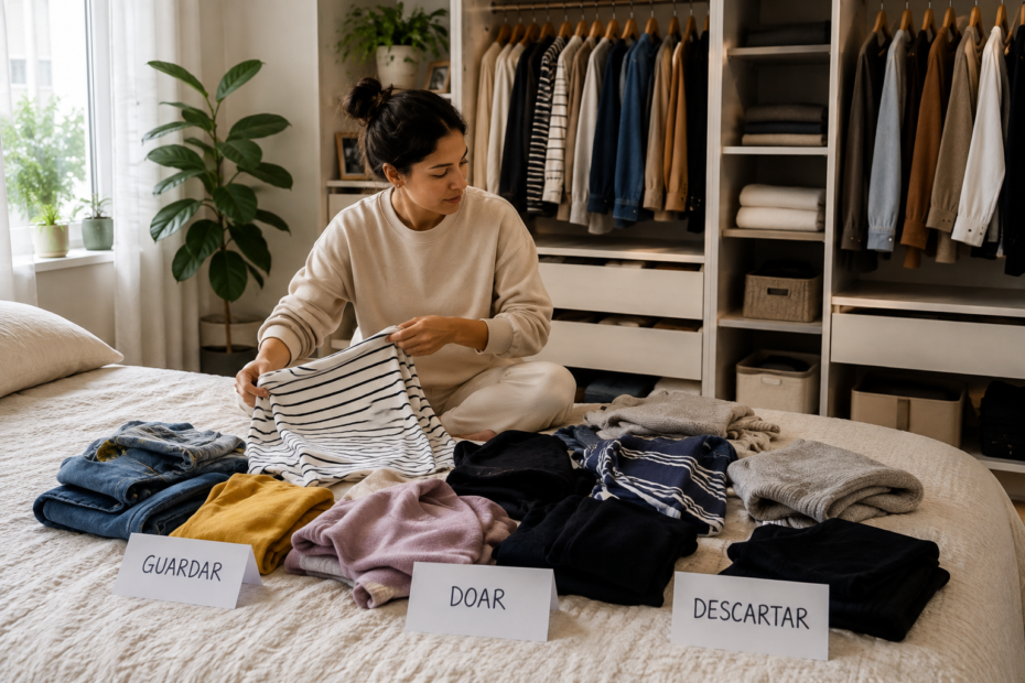 Pessoa organizando roupas sobre uma cama antes de colocá-las no guarda-roupa, separando as peças por categorias e frequência de uso.