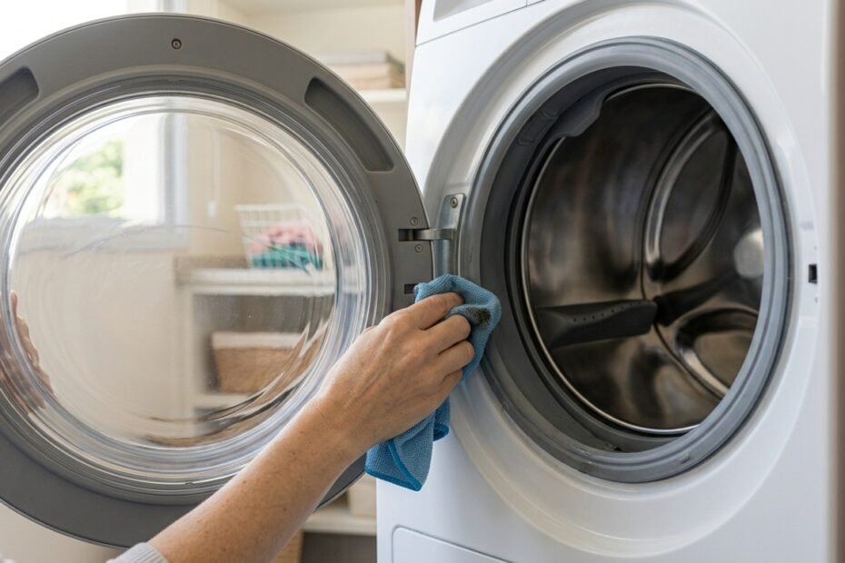 Pessoa realizando a limpeza da borracha de vedação de uma máquina de lavar