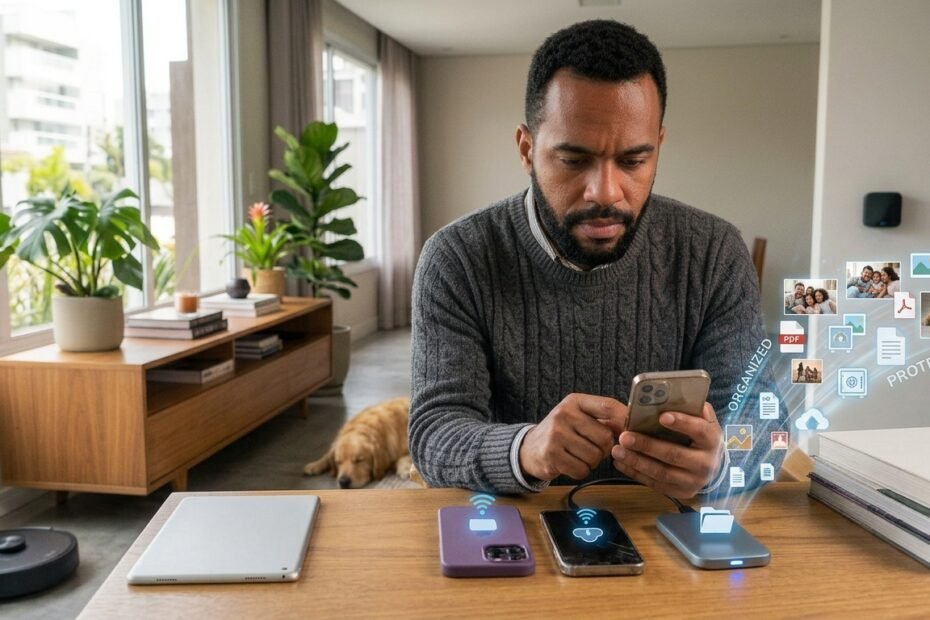 Pessoa transferindo arquivos de um smartphone para outro