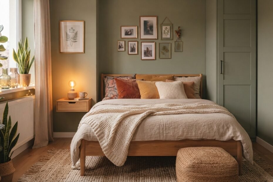 Quarto pequeno organizado com cama e móveis bem distribuídos