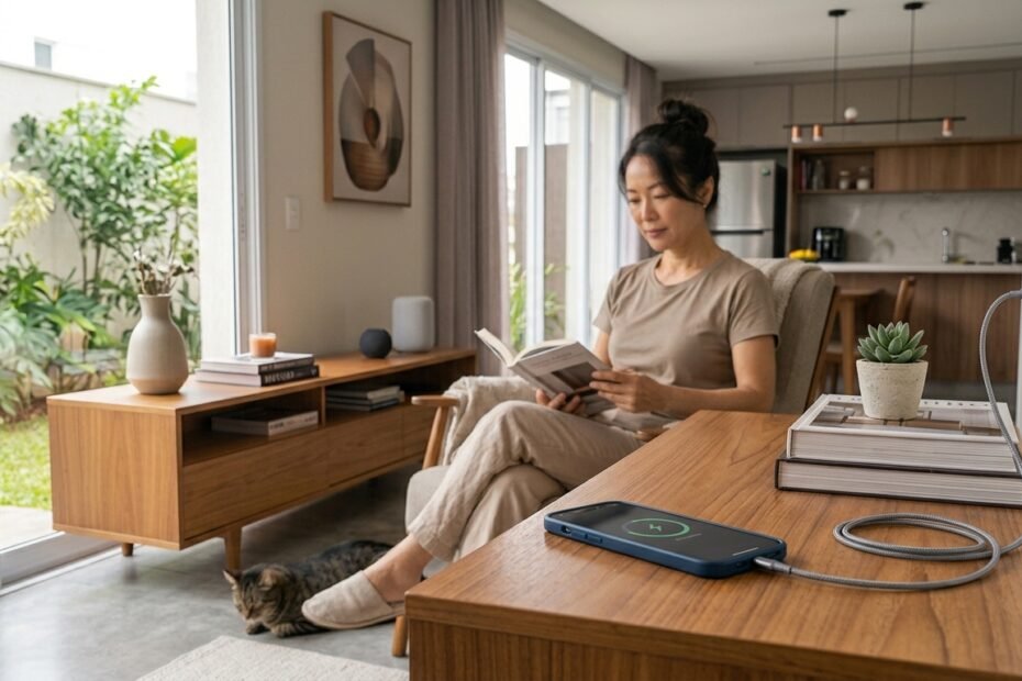 Smartphone carregando sobre uma mesa organizada