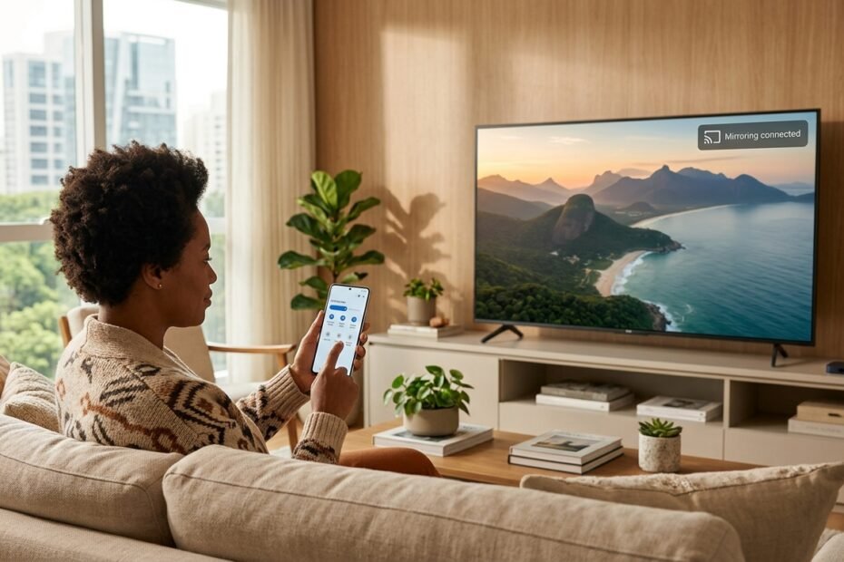 Smartphone e televisão conectados por transmissão sem fio