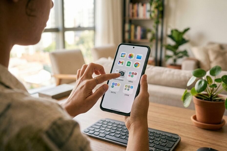 Smartphone mostrando uma tela inicial organizada