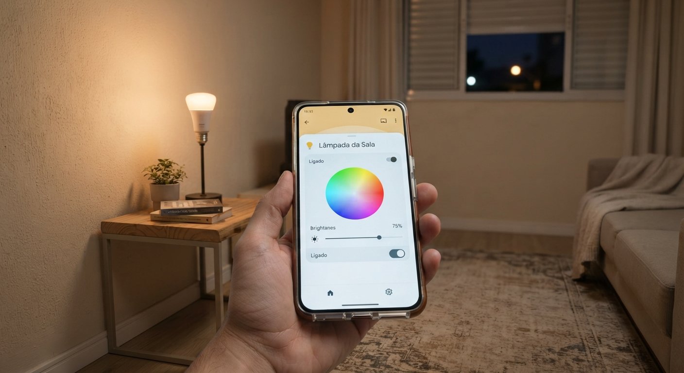 Ambiente residencial simples com uma lâmpada inteligente sendo controlada pelo celular.