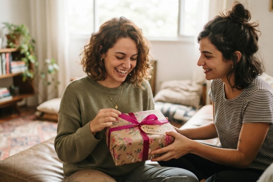 Amiga recebendo uma caixa de presente em um momento descontraído.