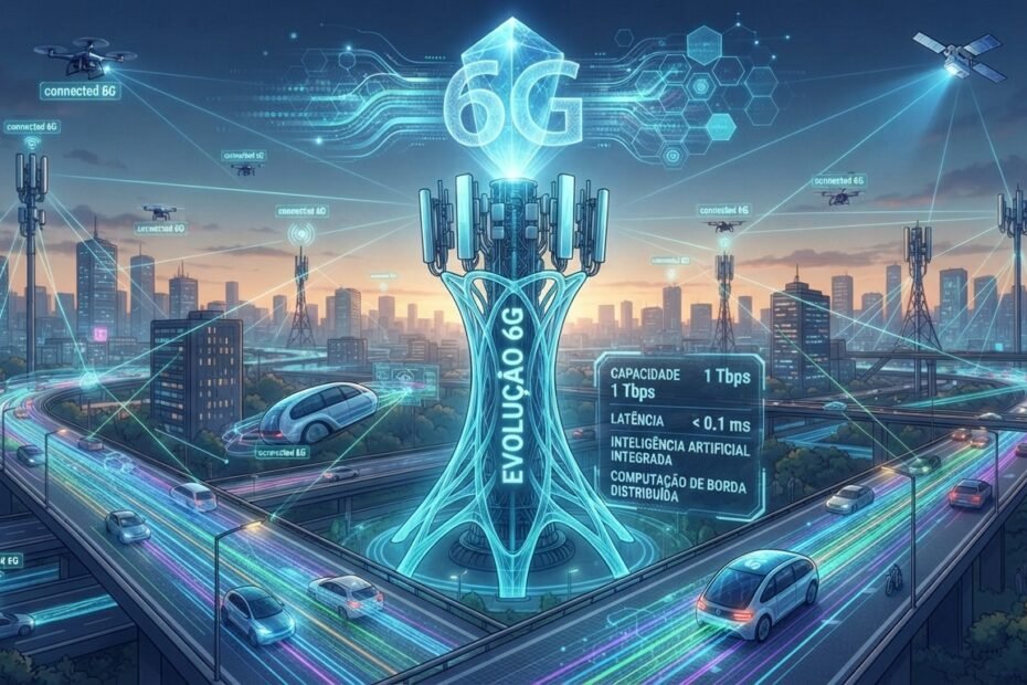 Antena de telecomunicações moderna representando a evolução das redes móveis para o 6G.
