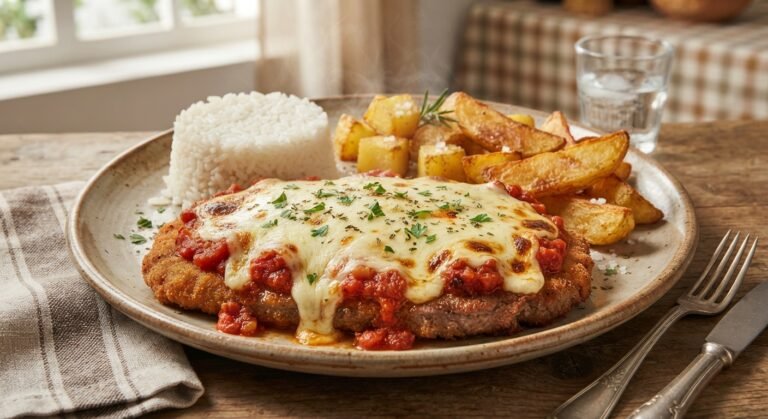 Bife à parmegiana servido em um prato