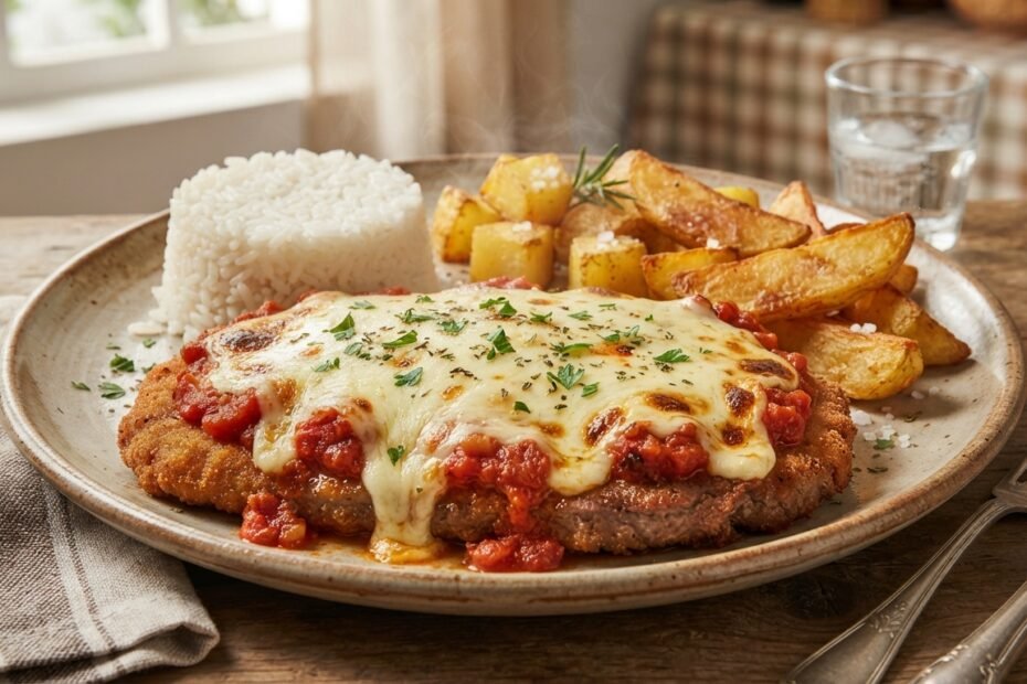 Bife à parmegiana servido em um prato