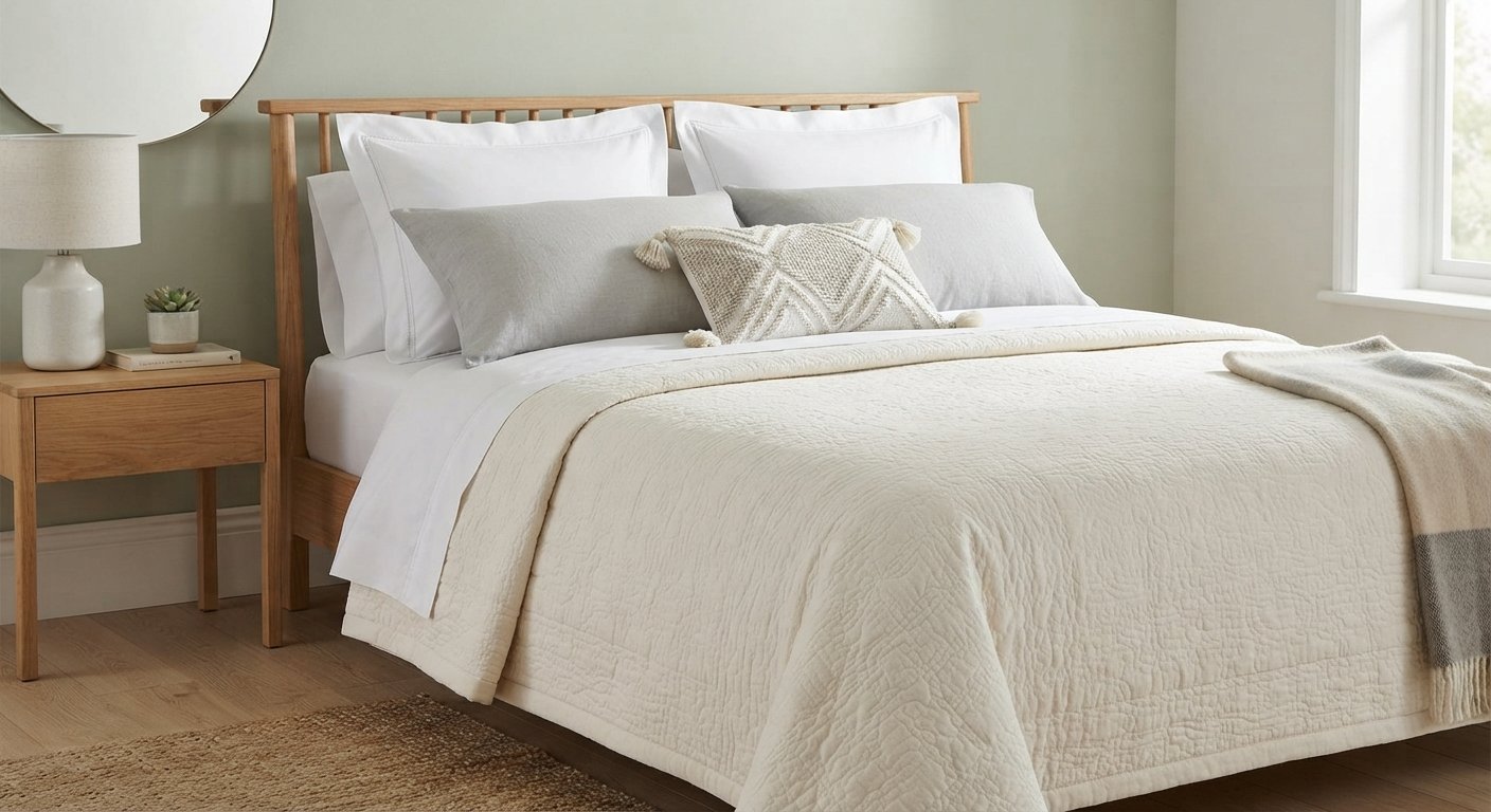 Cama arrumada com lençóis, fronhas e colcha bem organizados.