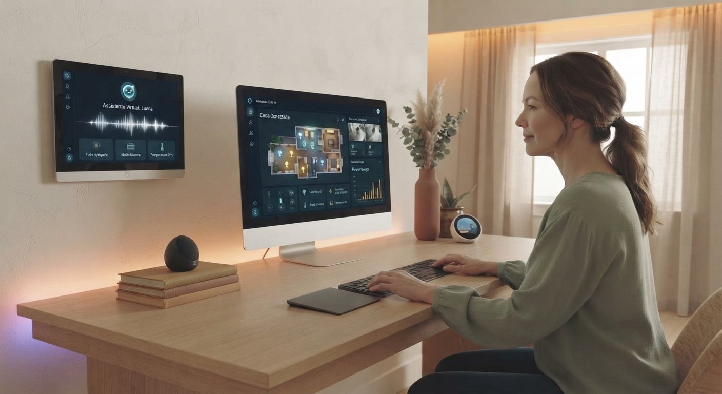 Casa conectada com celular, iluminação inteligente e outros dispositivos controlados por um assistente virtual.
