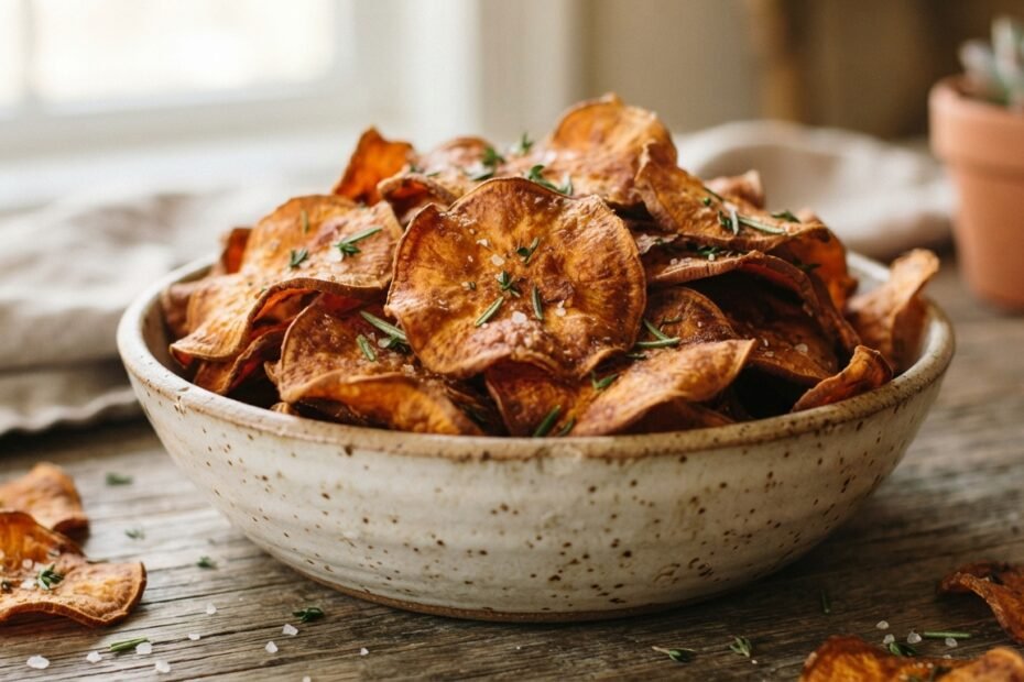 Chips de batata-doce dourados e crocantes servidos em uma tigela.