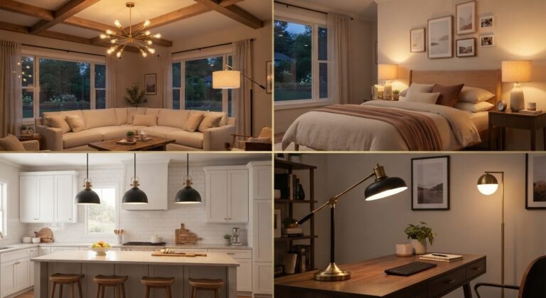 Composição mostrando diferentes modelos de luminárias utilizados em sala, cozinha, quarto e escritório.