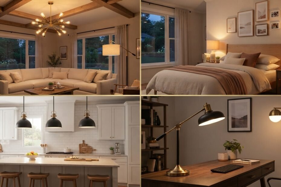 Composição mostrando diferentes modelos de luminárias utilizados em sala, cozinha, quarto e escritório.