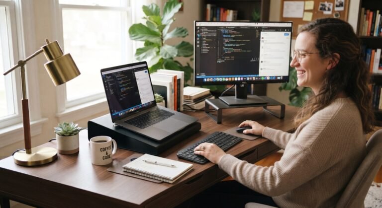 Computador aberto ao lado de teclado, mouse e monitor externo.