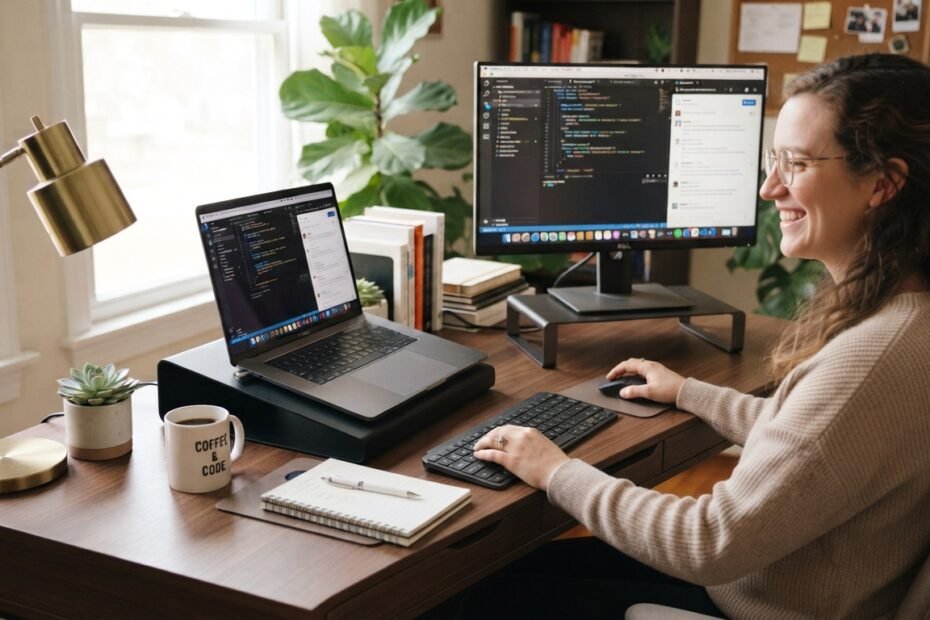 Computador aberto ao lado de teclado, mouse e monitor externo.