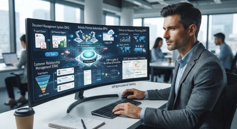 Computador exibindo documentos, planilhas e tarefas organizadas em um ambiente profissional.