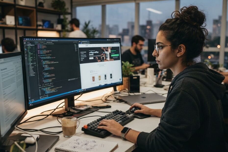 Desenvolvedor trabalhando em uma interface de site exibida no computador.