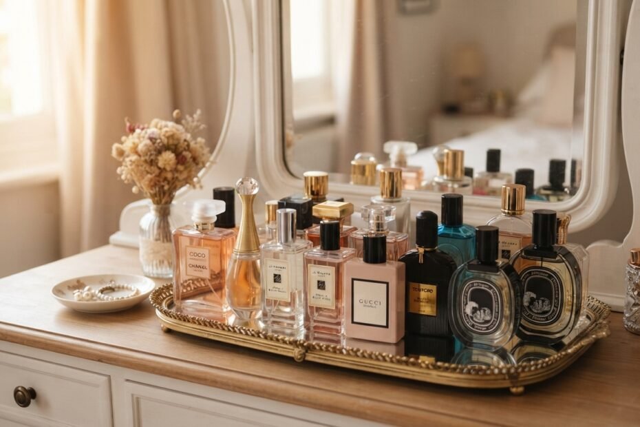 Diferentes frascos de perfume organizados sobre uma penteadeira.