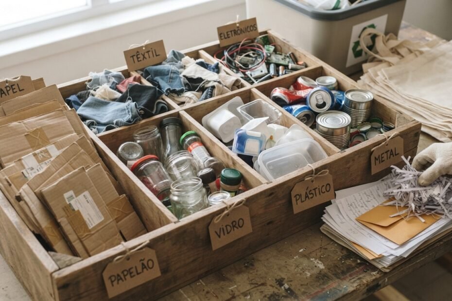 Diferentes materiais usados sendo separados para reaproveitamento e reciclagem.