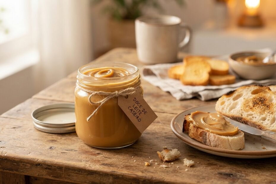 Doce de leite caseiro cremoso servido em um pote de vidro, acompanhado de pão ou torradas.