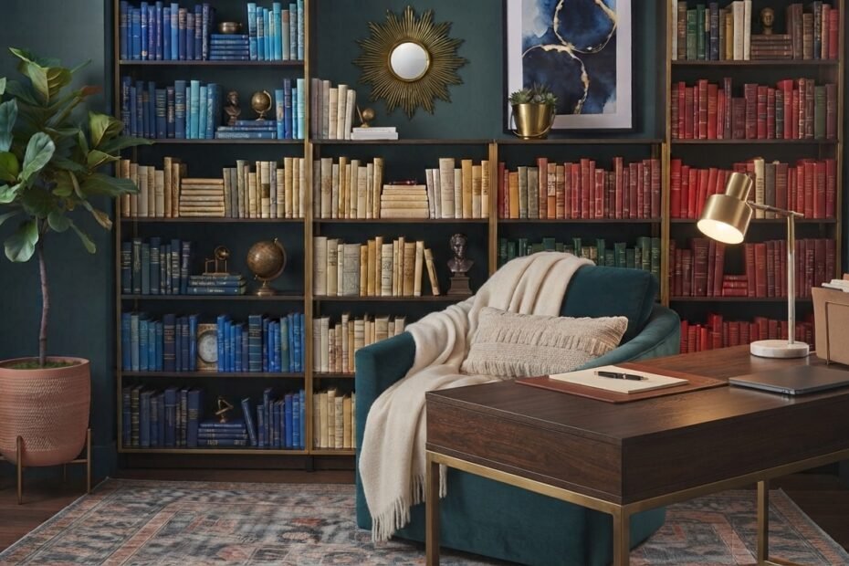 Escritório doméstico com mesa de trabalho e estante de livros organizada ao fundo.