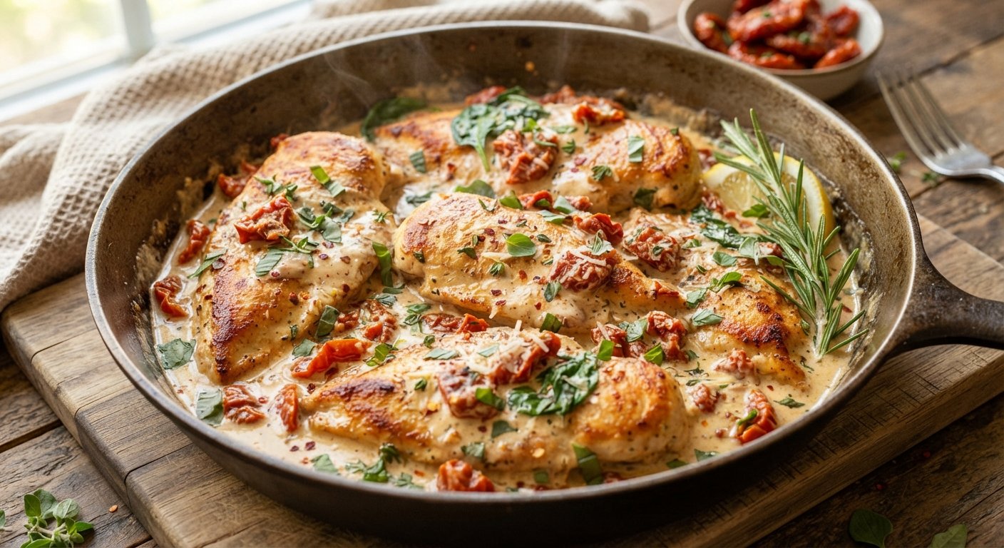 Filés de frango dourados cobertos por molho cremoso com tomate seco e ervas.