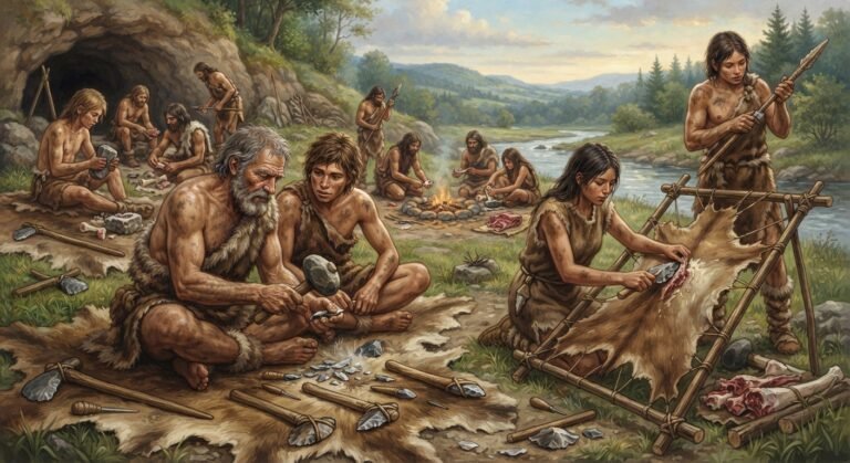 Ilustração histórica mostrando seres humanos pré-históricos produzindo e utilizando ferramentas de pedra.