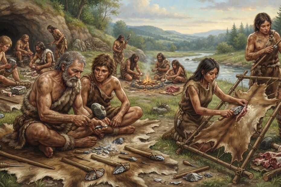Ilustração histórica mostrando seres humanos pré-históricos produzindo e utilizando ferramentas de pedra.