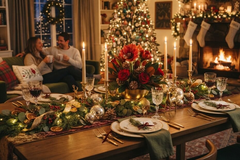 Mesa de jantar com decoração natalina elegante, incluindo arranjo, velas e pequenos enfeites.