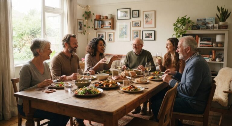 Mesa de jantar com pessoas reunidas em um ambiente residencial confortável.