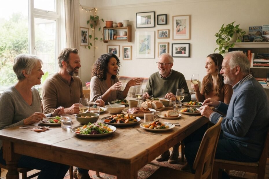 Mesa de jantar com pessoas reunidas em um ambiente residencial confortável.