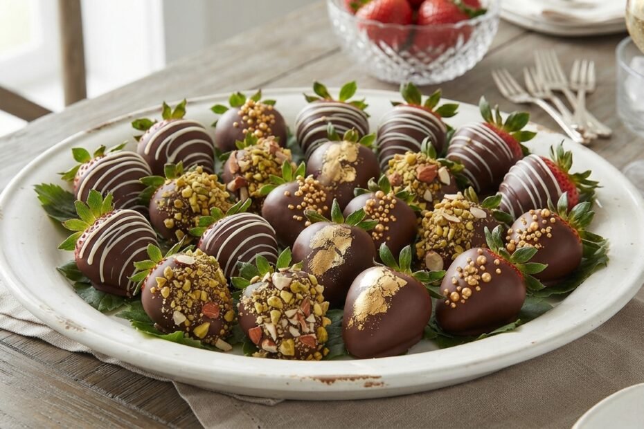 Morangos cravejados prontos, cobertos com chocolate e organizados em uma travessa.
