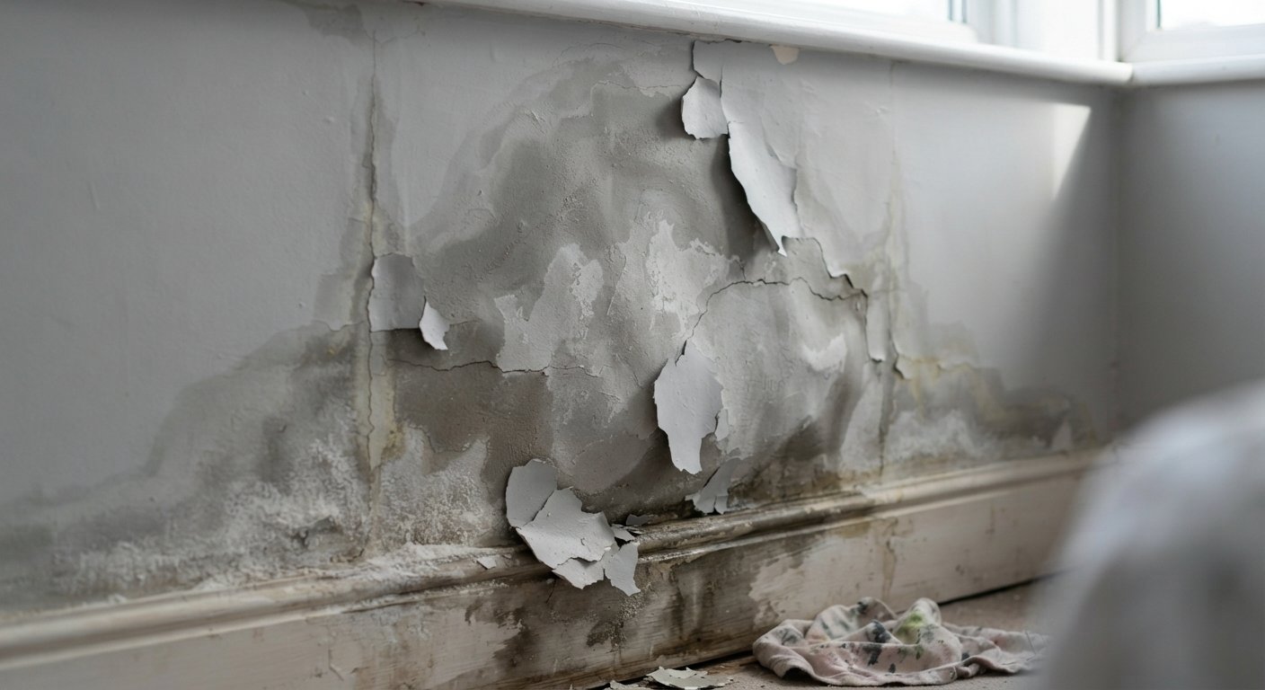 Parede interna com uma área de infiltração visível, mostrando manchas de umidade e pintura descascando.