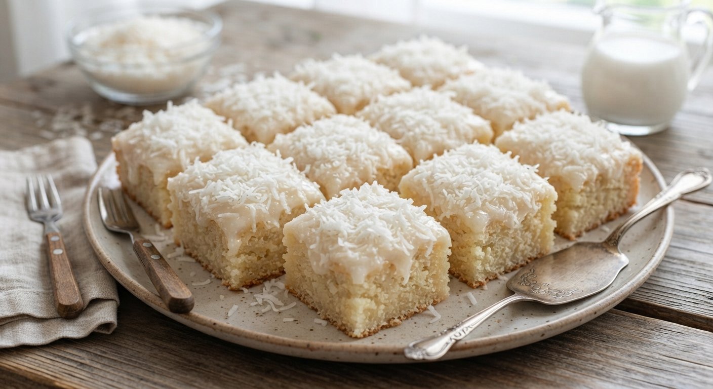Pedaços quadrados de bolo de coco bem gelado, cobertos com coco ralado e servidos em uma travessa.