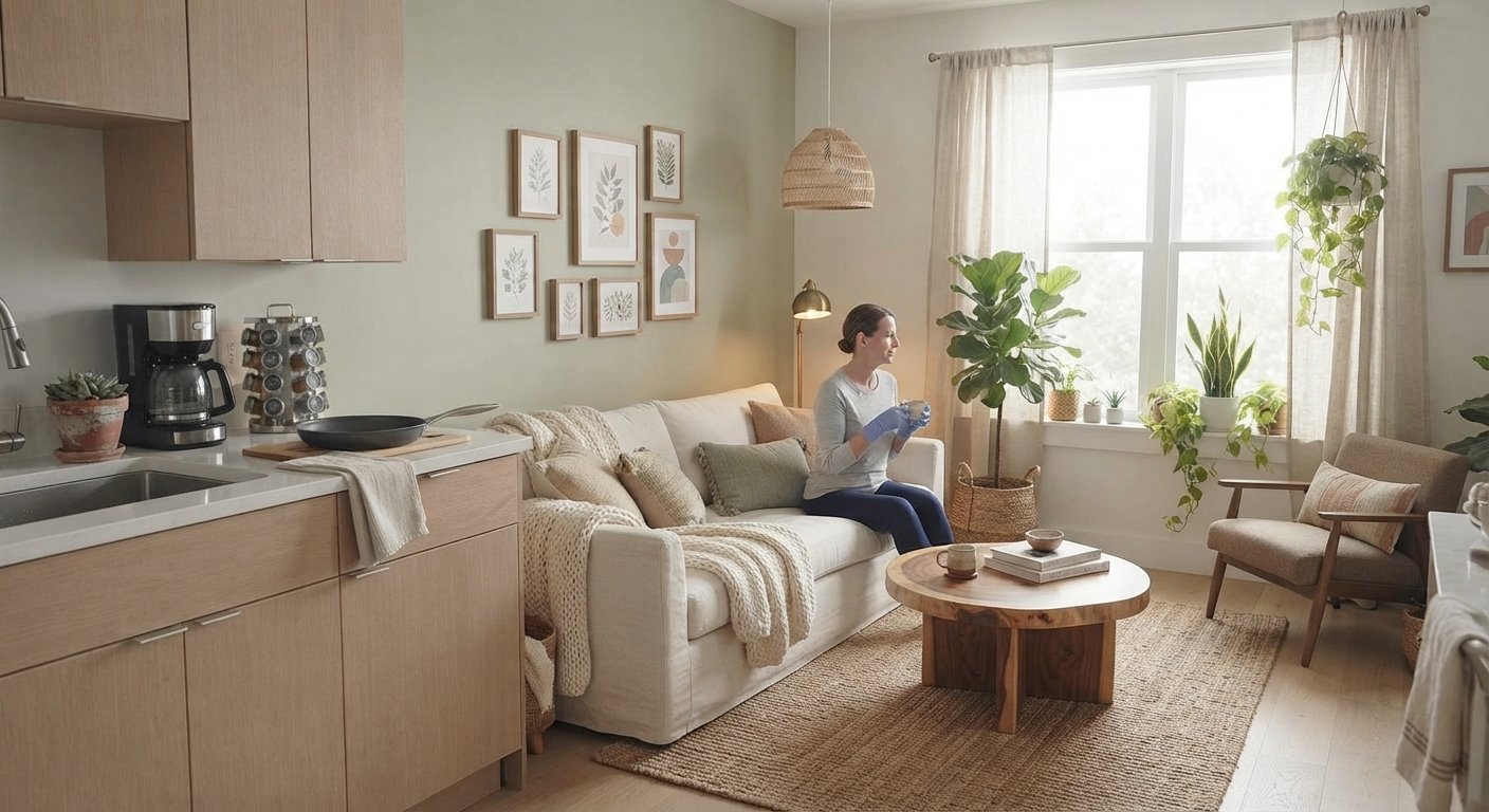 Pequena sala de apartamento com plantas, madeira, luz natural e decoração em tons suaves.