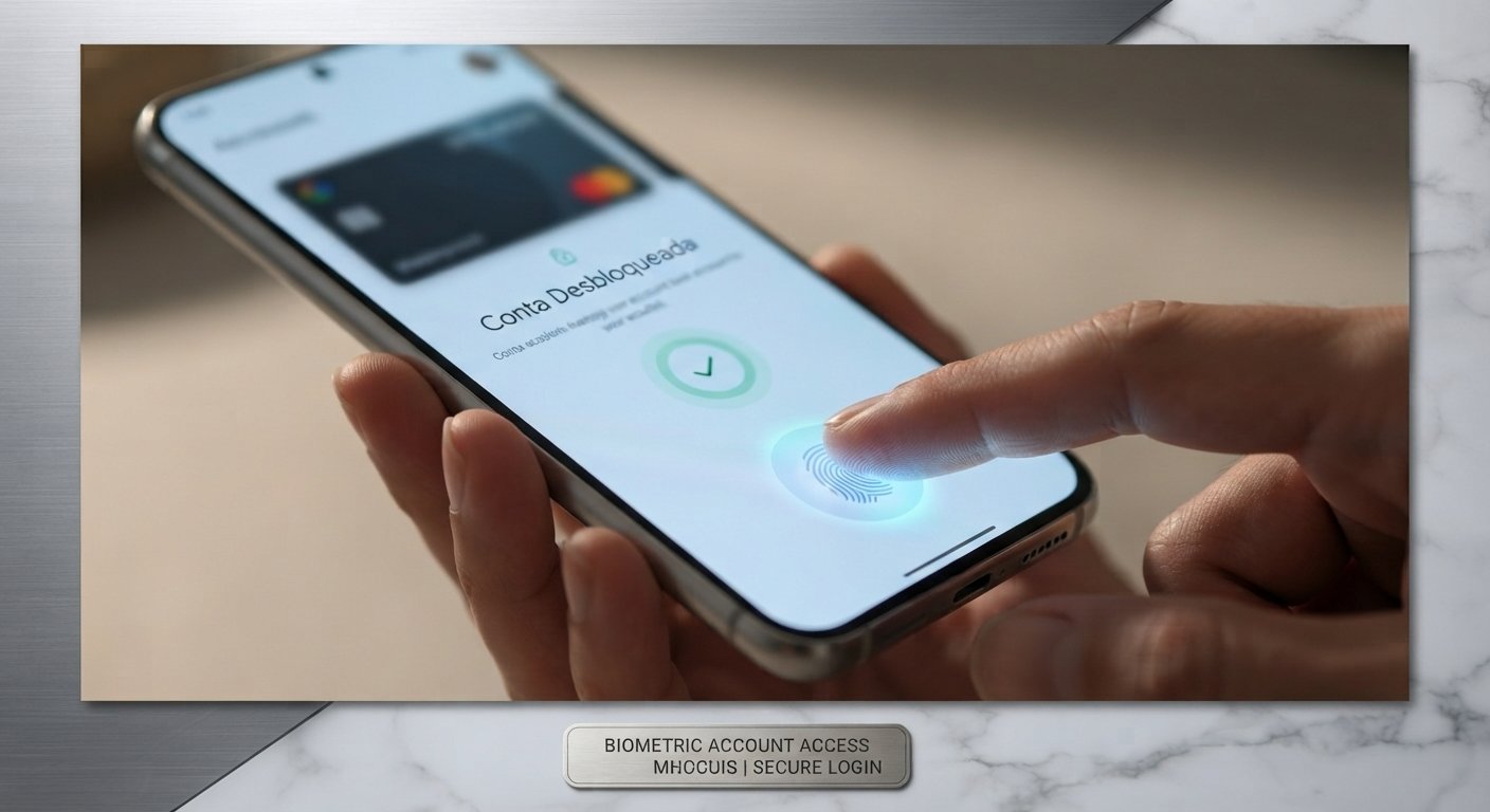 Pessoa desbloqueando uma conta em um smartphone usando biometria.