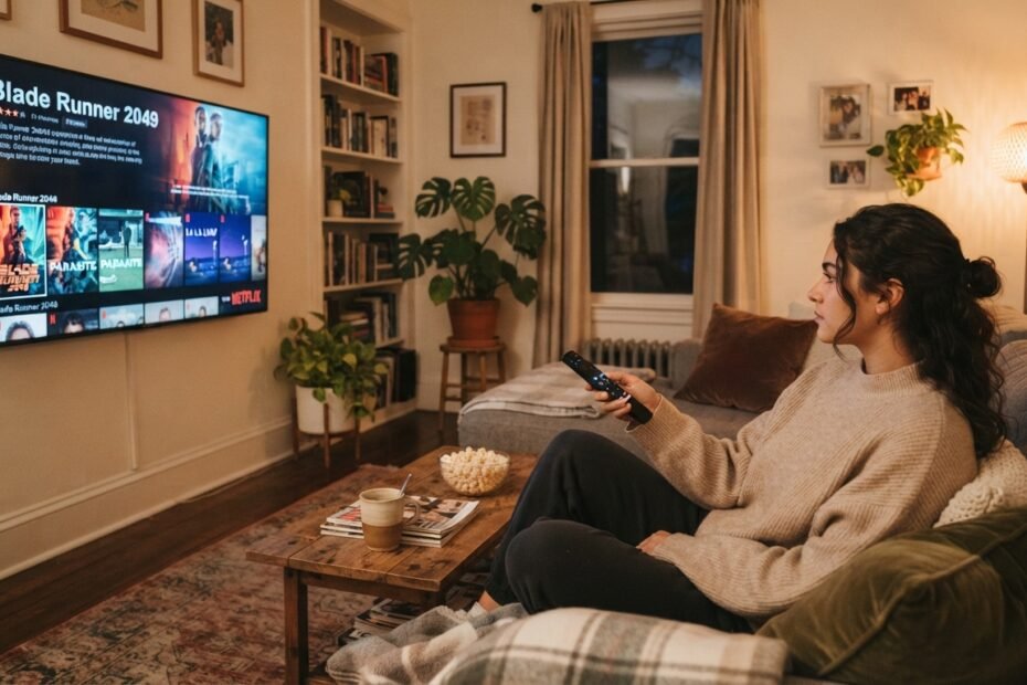 Pessoa escolhendo um filme para assistir em casa