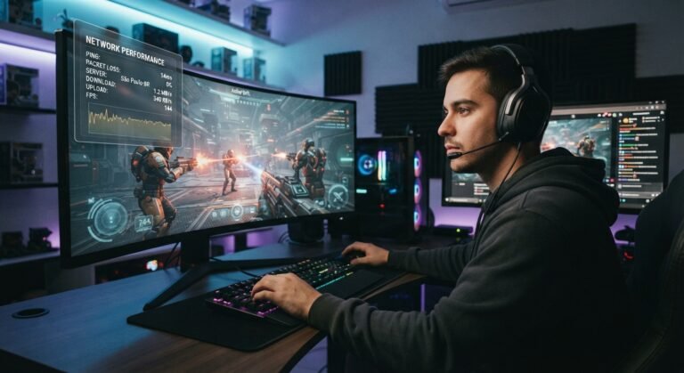 Pessoa jogando online com uma tela mostrando informações de conexão.