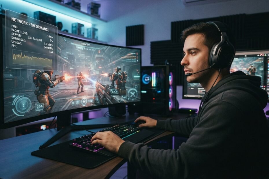 Pessoa jogando online com uma tela mostrando informações de conexão.