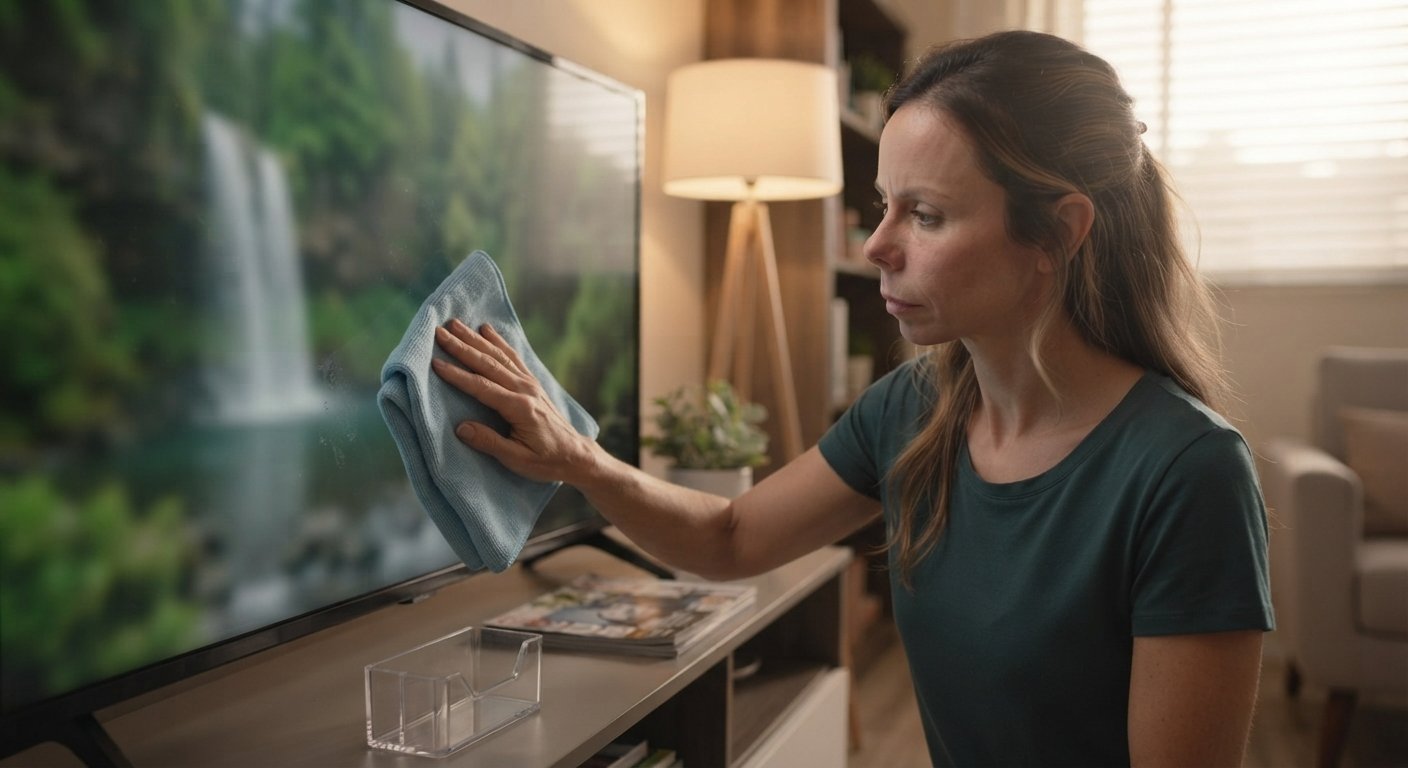 Pessoa limpando cuidadosamente a tela de uma televisão com um pano de microfibra.