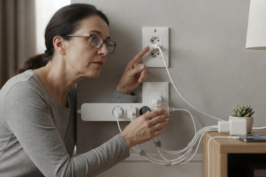 Pessoa verificando visualmente o estado de uma tomada residencial.