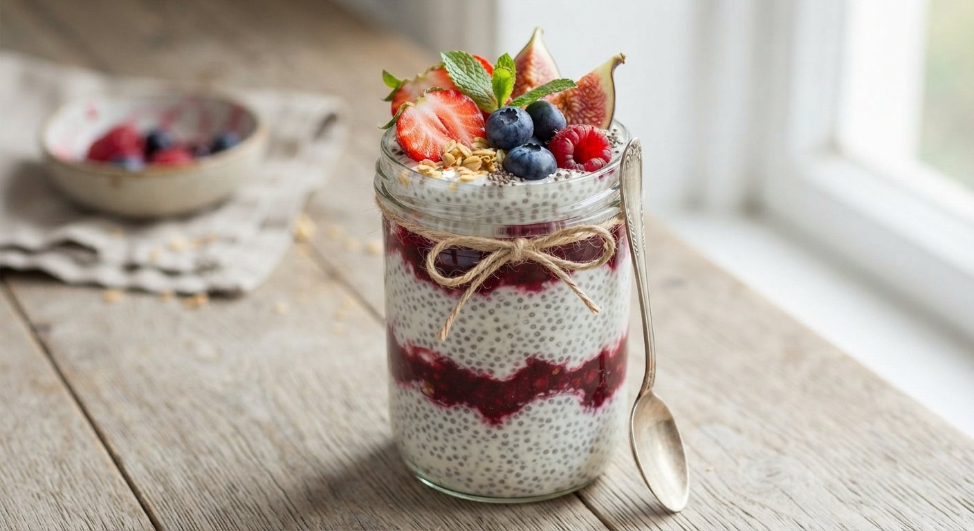 Pudim de chia cremoso servido em um pote de vidro com morangos e outras frutas frescas.